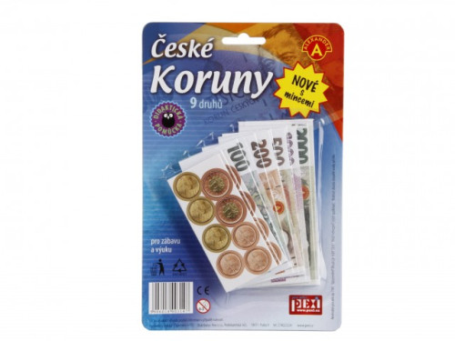 Detské peniaze - České koruny - bankovky s mincami