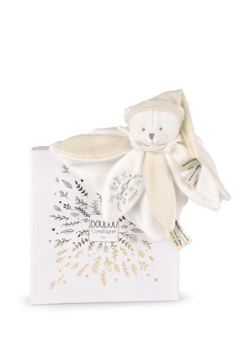 Darčeková sada Plyšový muchláčik medvedík s čiapočkou 25 cm béžový Doudou