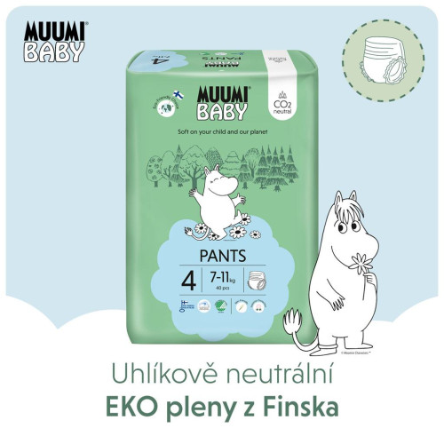 Jednorazové eko plienky Pants 4 Maxi 7-11 kg (120 ks), mesačné balenie Muumi Baby