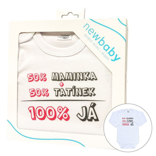 Body s potlačou New Baby 50% Mamička + 50% Otecko 100% JA ružové - darčekové balenie