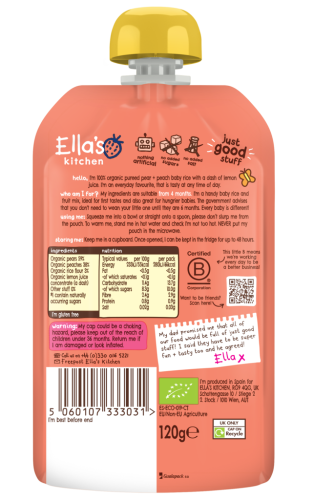 BIO Detská ryža, hruška a broskyne 120 g Ella's Kitchen expirácie 31.7.2026