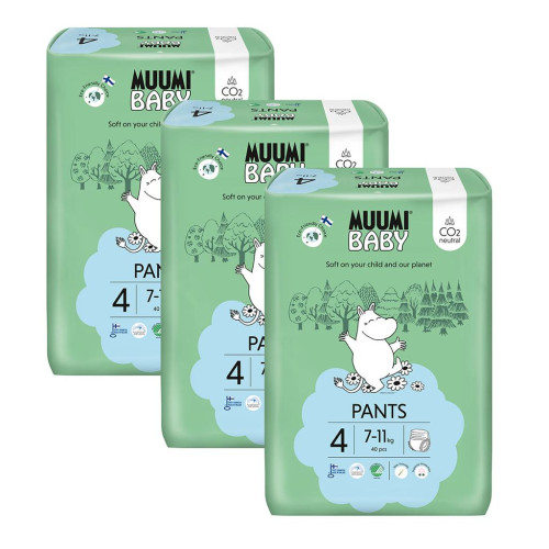 Jednorazové eko plienky Pants 4 Maxi 7-11 kg (120 ks), mesačné balenie Muumi Baby