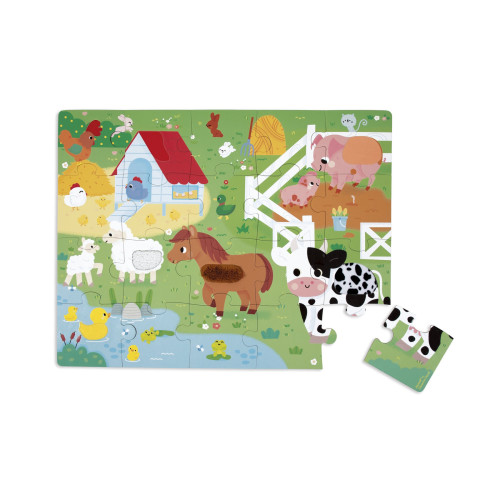 Puzzle dotykové senzorické Farma s rôznymi povrchmi 20 ks Janod