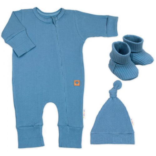 Rastúci rebrovaný overálok, čiapočka a topánočky Nature - jeans Baby Nellys