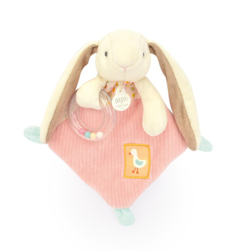 Darčeková sada ružová Zajačik Ciboulette s hrkálkou 21 cm Doudou