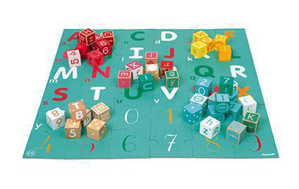 Drevené kocky Kubix Abeceda Čísla 40 ks s puzzle Janod