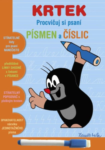 Stierateľný zošit "Precvičuj si písmená a číslice" + stierateľný popisovač - Krtek 2