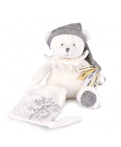 Darčeková sada Plyšový medvedík s úchytom na cumlík a dečkou šedý 20 cm Doudou