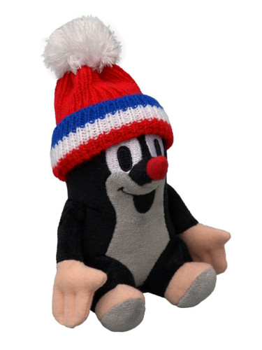 Krtko plyšový a sediaci, čiapka červená-trikolóra 14 cm