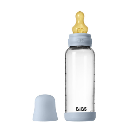 Antikoliková sklenená fľaša s kaučukovým cumlíkom 240 ml Bibs