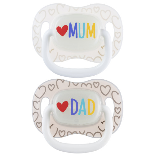 Cumlík svietiaci silikónový symetrický Love Mum & Dad 6 - 18 m, 2 ks Canpol babies