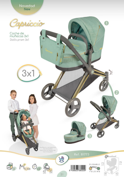 Skladací kočík pre bábiky 3 v 1 s taškou Capriccio 73 cm DeCuevas