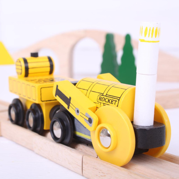 Replika historickej lokomotívy Rocket + 2 koľaje Bigjigs Rail