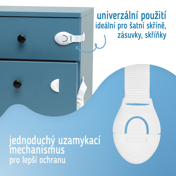 Bezpečnostný zámok (opasok) na skrinky a zásvuky, sada 10 ks textilná-biela Sipo