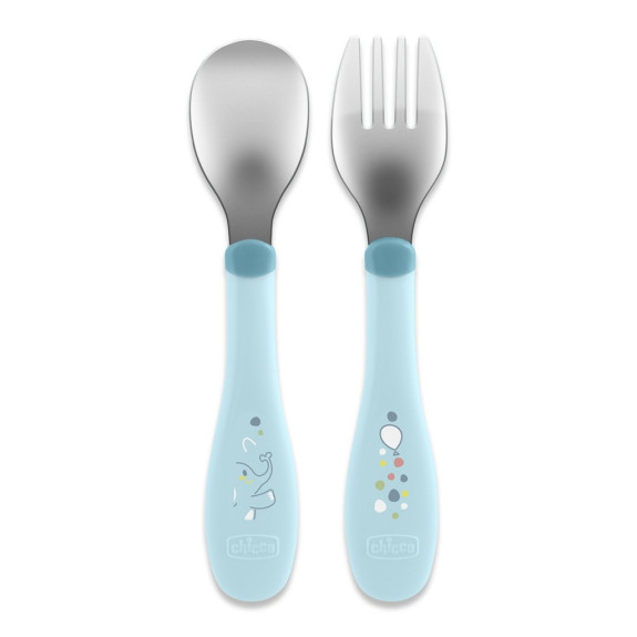 Lyžička a vidlička nerez - teal 18 m+ Chicco