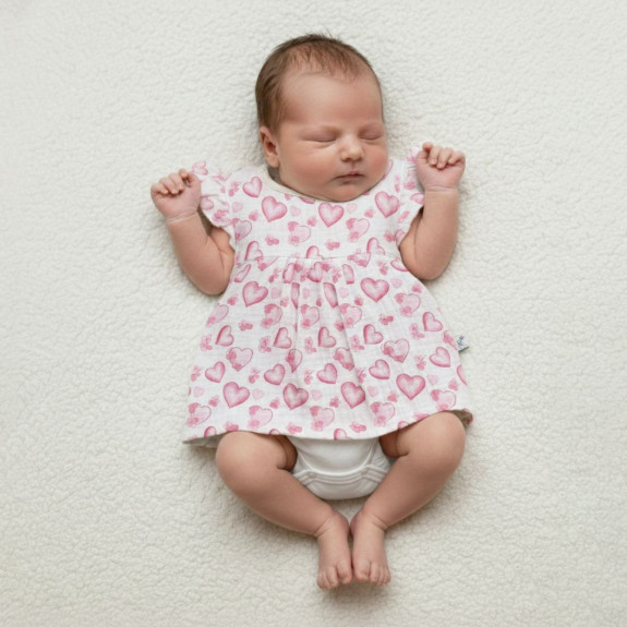Dojčenské body/šaty krátky rukáv mušelín Srdce Baby Service