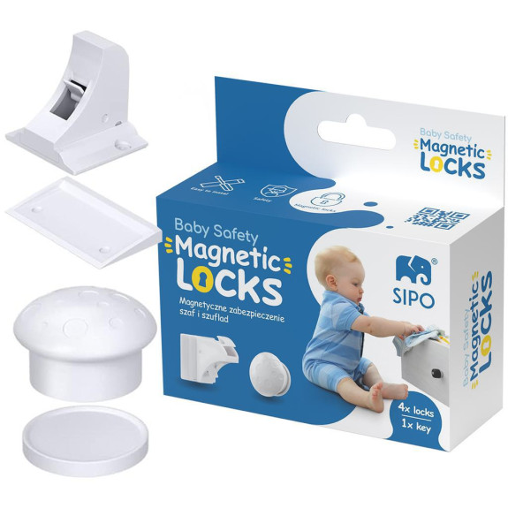 Magnetické zámky biele na skrine a zásuvky sada 4 ks + 1x magnetický kľúč Sipo