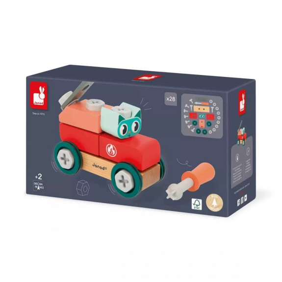 Drevená stavebnica BricoKids auto s náradím Mačka 28 ks Janod
