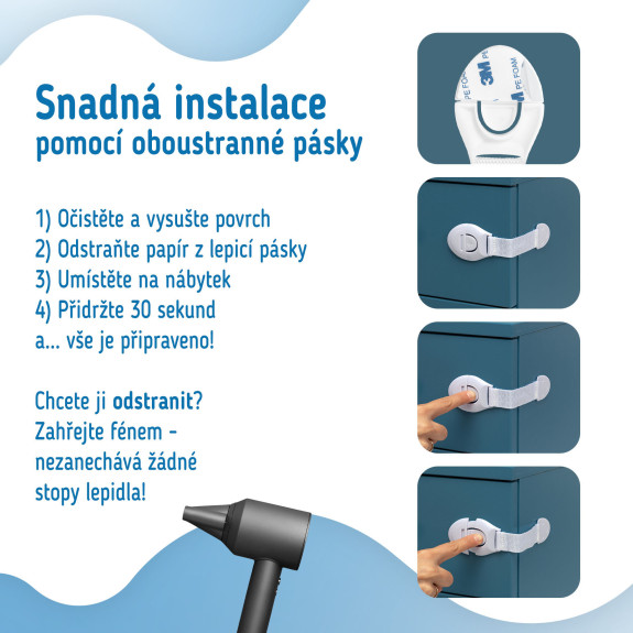 Bezpečnostný zámok (opasok) na skrinky a zásvuky, sada 10 ks textilná-biela Sipo