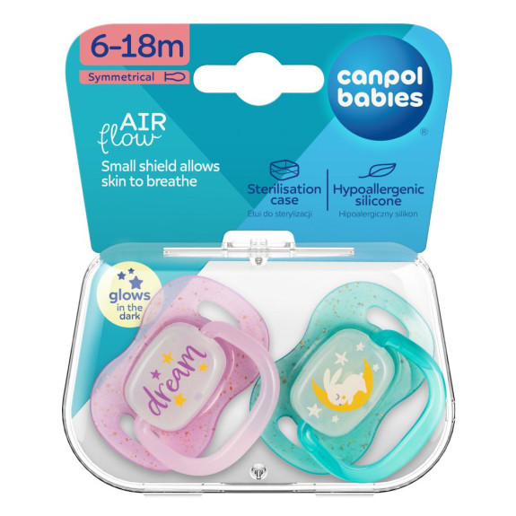 Cumlík svietiaci silikónový symetrický Nightglow Canpol babies 6 - 18 m 2 ks