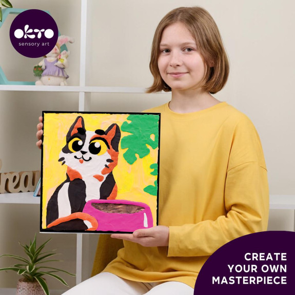Mačka s miskou výtvarná sada maľovanie hmotou podľa čísel 29 x 29 cm Okto