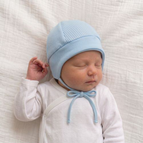 Dojčenská bavlnená zaväzovacia čiapočka Pruhy Svetlomodrá Baby Service