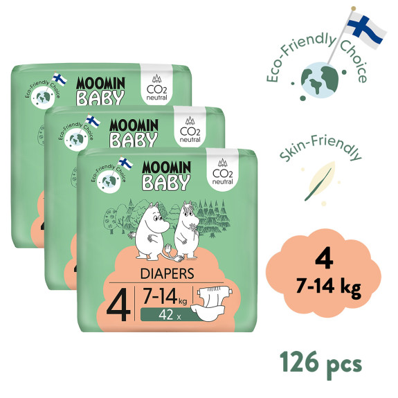 Jednorazové eko plienky 4 Maxi 7–14 kg (126 ks), mesačné balenie eko plienok Moomin Baby