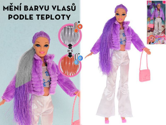 Bábika módna s vlasmi meniaca farbu a doplnky 29 cm
