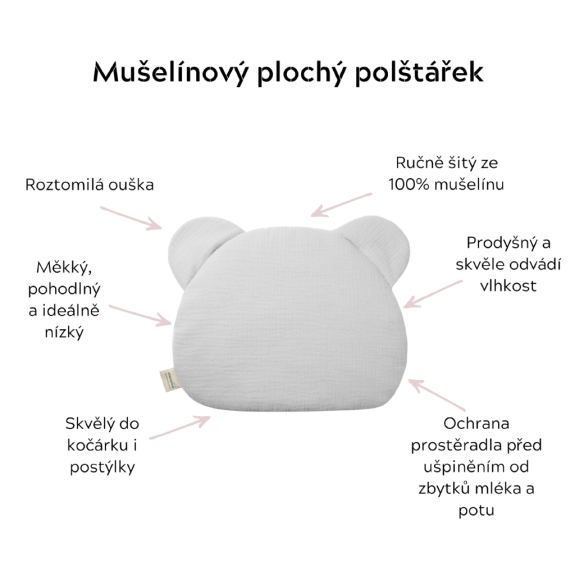 Mušelínový plochý vankúš Teddy Bear Sleepee Love béžový so srdiečkami