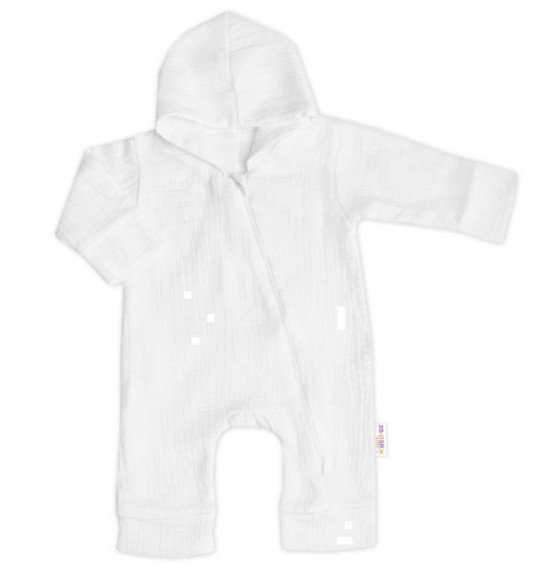 Mušelínový overal s kapucňou, dvojvrstvový, Hand Made, biely Baby Nellys