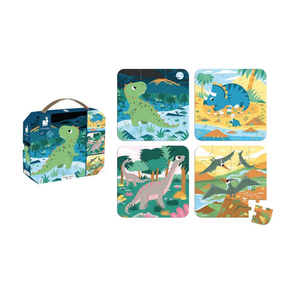 Puzzle v kufríku 4v1 Dinosaury Janod
