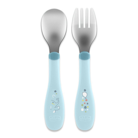 Lyžička a vidlička nerez - teal 18 m+ Chicco