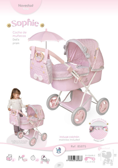 Skladací kočík pre bábiky so slnečníkom a taškou Sophie 60 cm DeCuevas