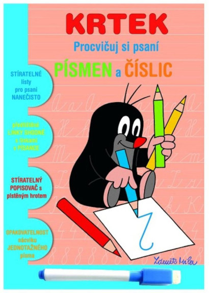 Stierateľný zošit "Precvičuj si písmená a číslice" + stierateľný popisovač - Krtek 1