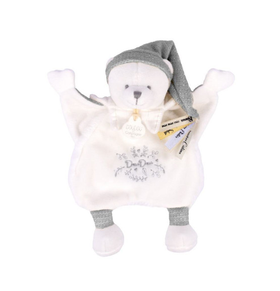Darčeková sada Plyšový muchláčik medvedík s čiapočkou sivý 25 cm Doudou