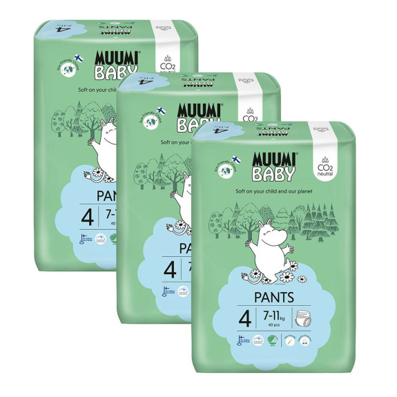 Jednorazové eko plienky Pants 4 Maxi 7-11 kg (120 ks), mesačné balenie Muumi Baby