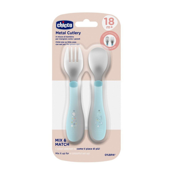 Lyžička a vidlička nerez - teal 18 m+ Chicco