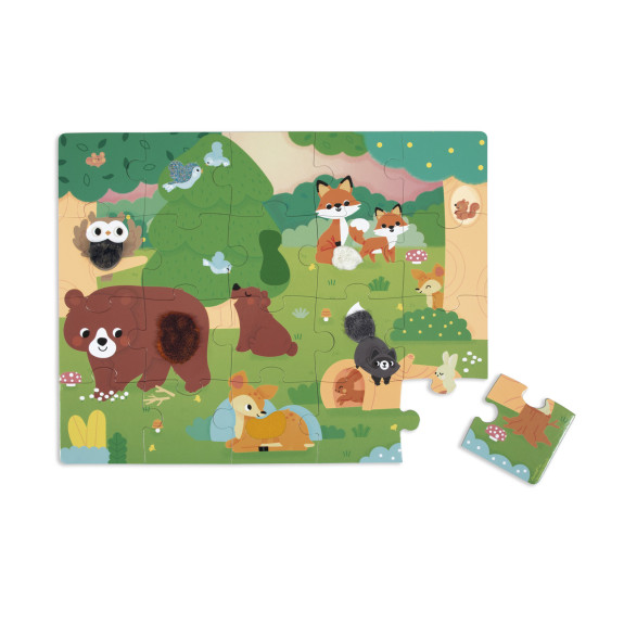 Puzzle dotykové senzorické Les s rôznymi povrchmi 20 ks Janod