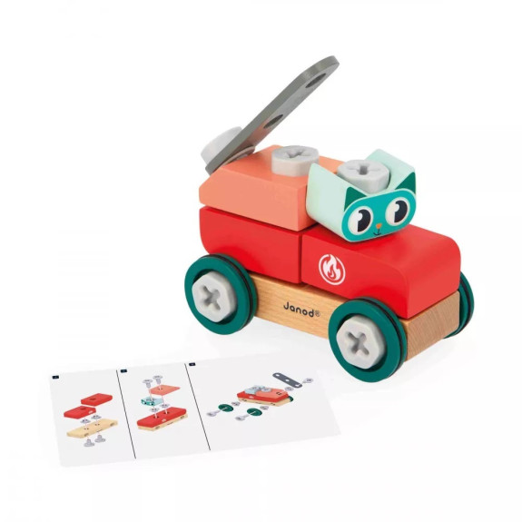 Drevená stavebnica BricoKids auto s náradím Mačka 28 ks Janod