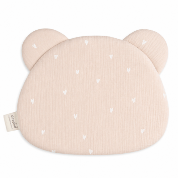 Mušelínový plochý vankúš Teddy Bear Sleepee Love béžový so srdiečkami