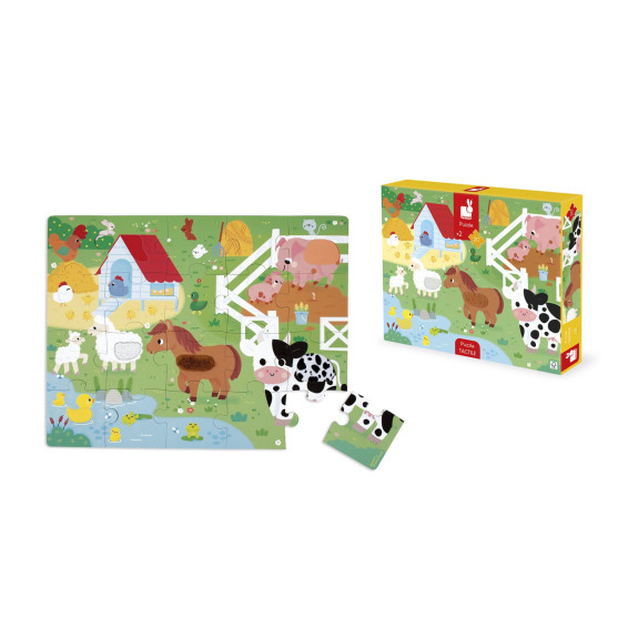 Puzzle dotykové senzorické Farma s rôznymi povrchmi 20 ks Janod