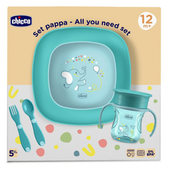 Set jedálenský - miska, tanier, fľaša a príbor 12 m+ Chicco