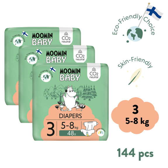 Jednorazové eko plienky 3 Midi 5–8 kg (144 ks), mesačné balenie eko plienok Moomin Baby