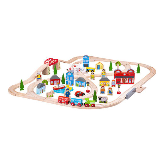 Drevená vláčikodráha mesto a dedina 91 dielov Bigjigs Rail