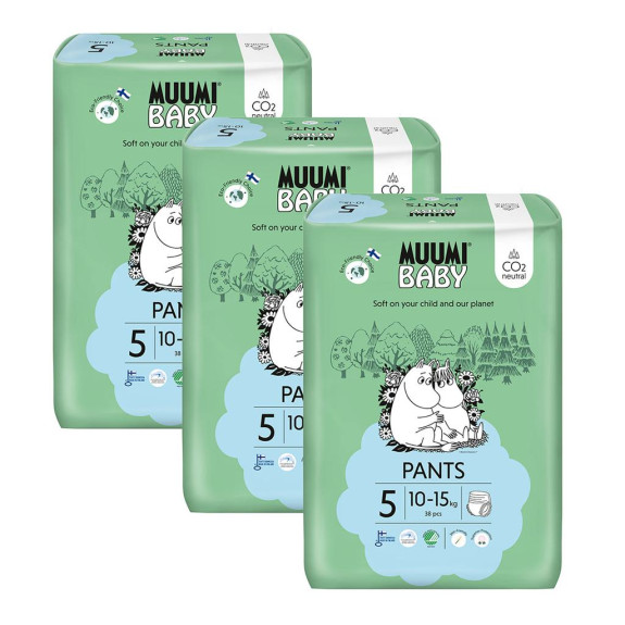 Jednorazové eko plienky Pants 5 Maxi+ 10-15 kg (114 ks), mesačné balenie Muumi baby