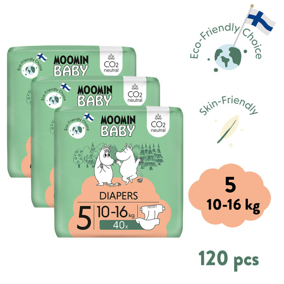 Jednorazové eko plienky 5 Maxi 10–16 kg (120 ks), mesačné balenie eko plienok Moomin Baby