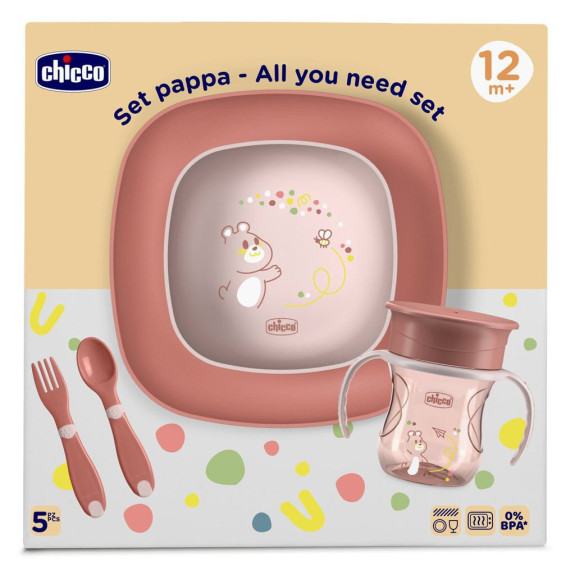 Set jedálenský - miska, tanier, fľaša a príbor 12 m+ Chicco
