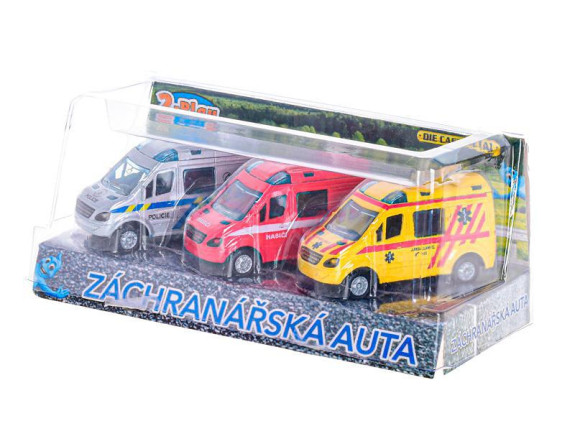 Súprava áut záchranných zložiek CZ 8 cm kov na spätný chod