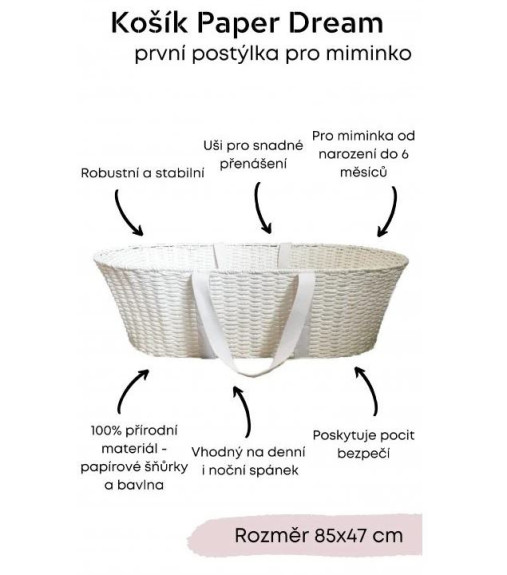 Ahojbaby Mojžišov košík pre bábätko Paper Dream white + matrac Basic
