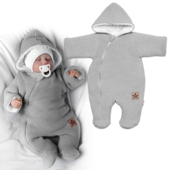 Zimná pletená kombinéza/overálok s kapucňou svetlo šedá Veľ. 62 Baby Nellys